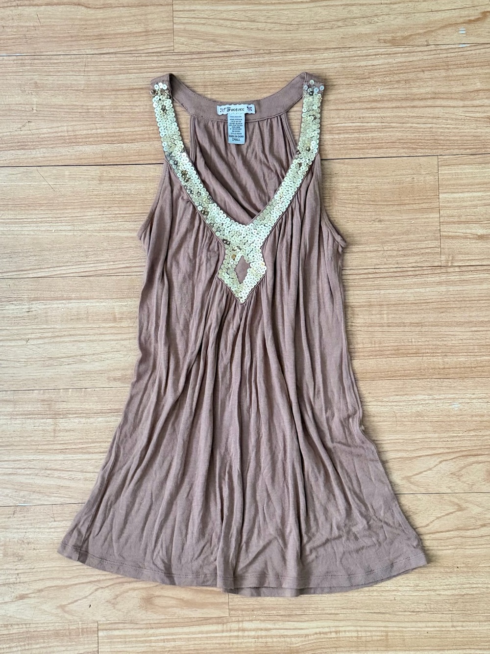 Brown Sequin-Trim Sleeveless V-Neck Tank/Mini Dress